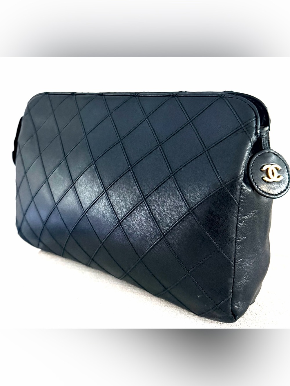 CHANEL Vintage Black Lambskin Quilted Clutch Cosmetic Pouch Gold CC